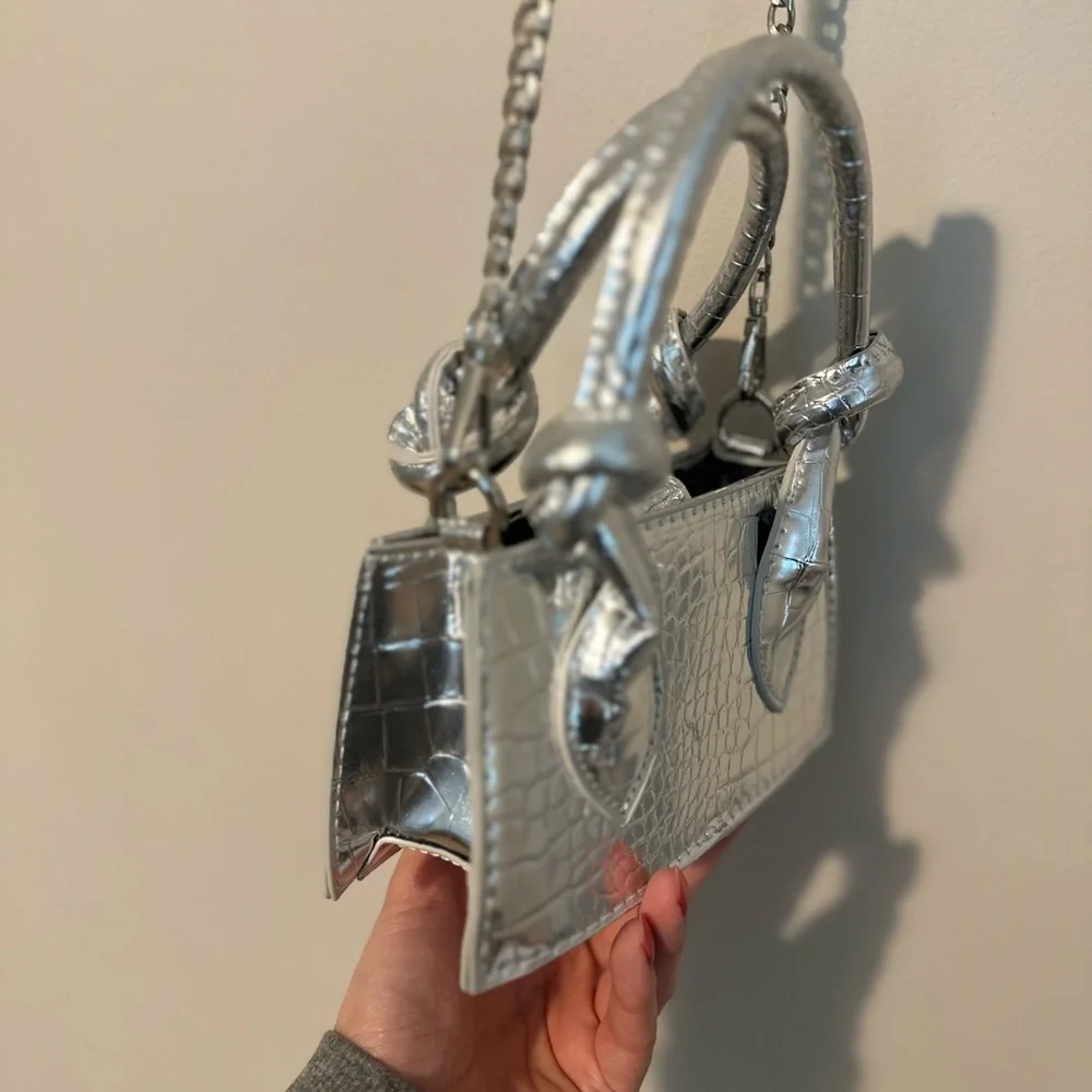 PrettyLittleThing Silver Croc-Effect Mini Tote Crossbody
